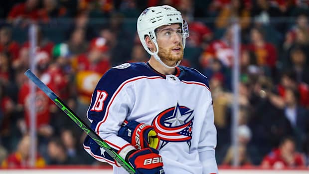 Columbus Blue Jackets center Pierre-Luc Dubois (18) against the Calgary Flames during the second period at Scotiabank Saddledome.
